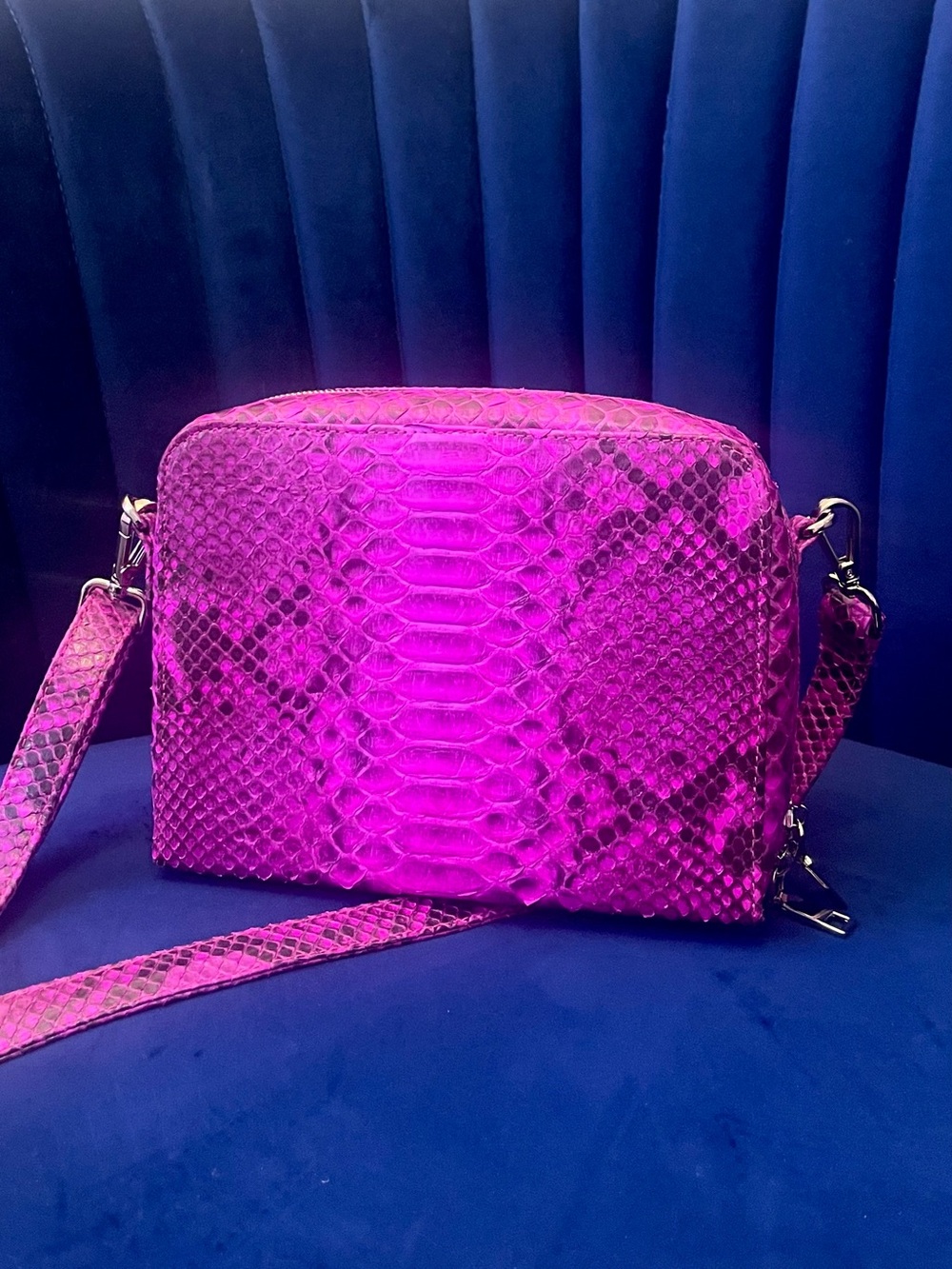 Fuchsia Genuine Python Crossbody – Real Snakeskin Shoulder Bag w Silver Hardware - Picture 16 of 16